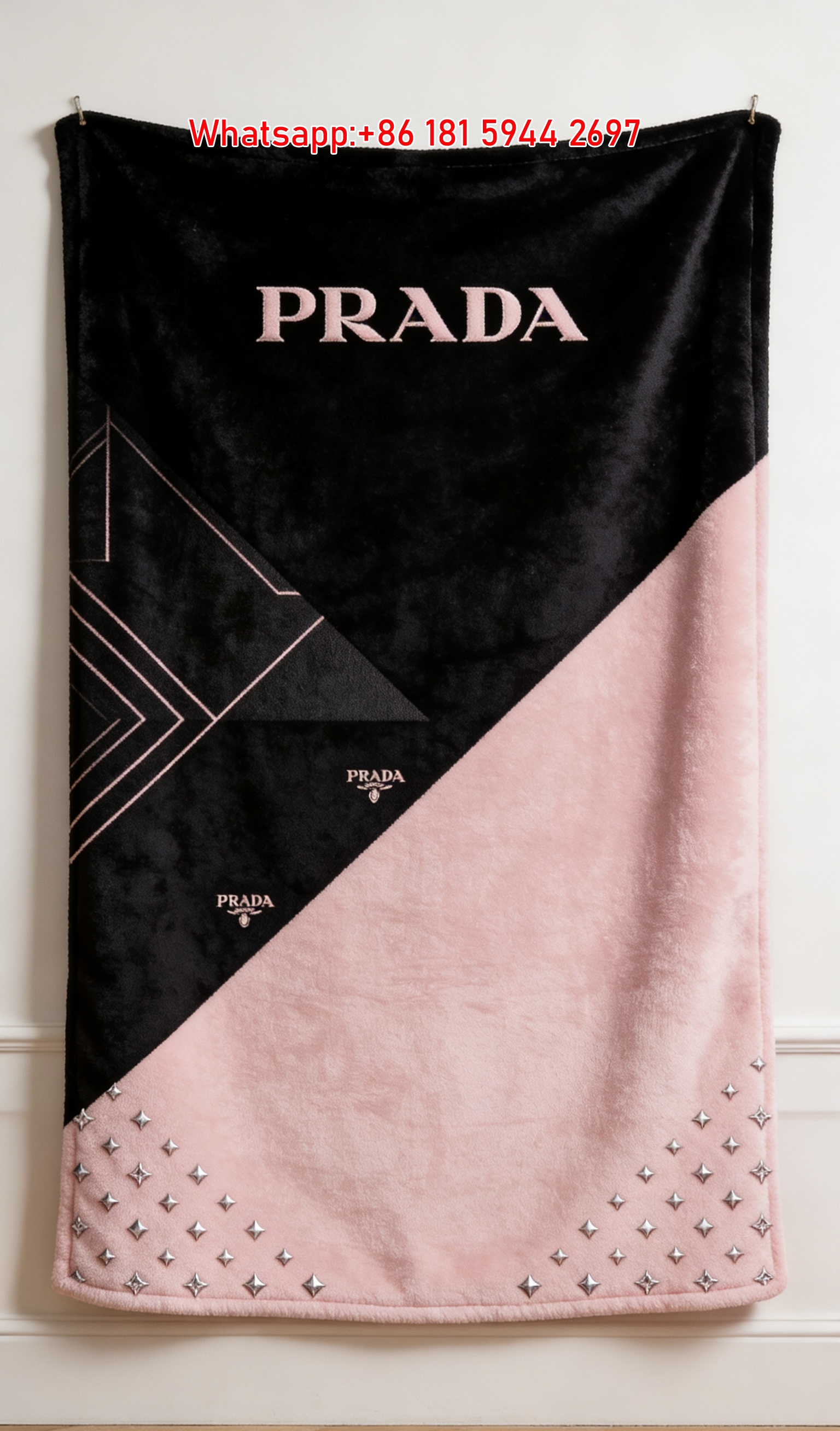 Prada Black and Blush Pink Studded Logo Print Flannel Throw Blanket IMG_2724